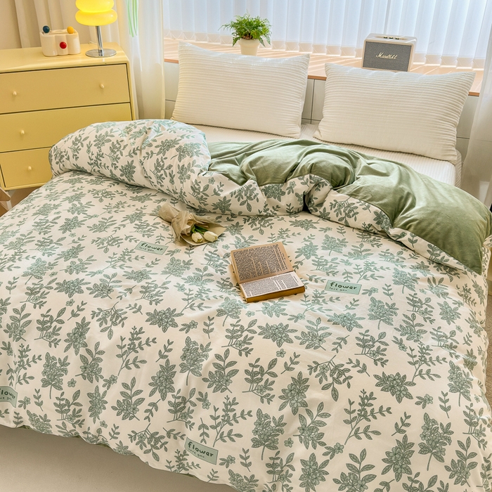 91家纺网 家纺一手货源 找家纺 清雅福 2024新款小清新ins棉加绒印花四件套系列-棉绒风格二 绿意黯然