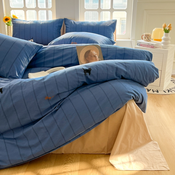 91家纺网 家纺一手货源 找家纺 千朵 2024新款全棉磨毛四件套 蓝猫