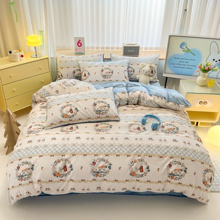 清雅福 2024新款小清新ins棉加绒印花四件套系列-棉绒风格二 维西兔