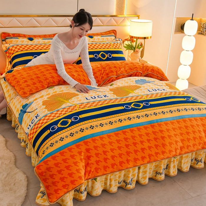 91家纺网 家纺一手货源 找家纺 金柚子 2024新款加厚牛奶绒四件套 一叶知秋