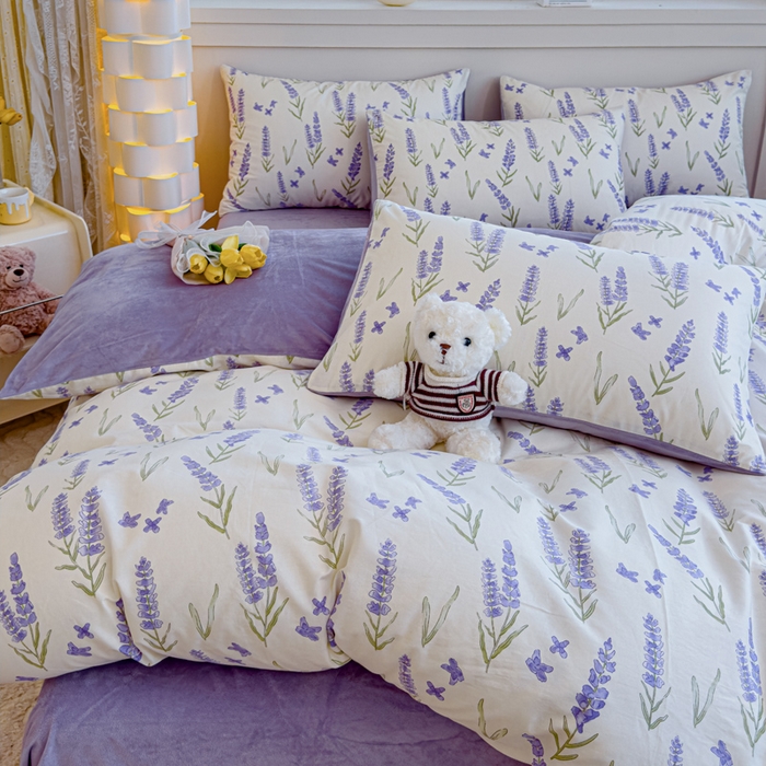 91家纺网 家纺一手货源 找家纺 清雅福 2024新款小清新ins棉加绒印花四件套系列-棉绒风格一 棉绒紫瑶