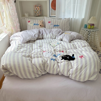 91家纺网 家纺一手货源 找家纺 （总）桃子家居 2024新款A类ins纯棉色织水洗棉毛巾绣可爱卡通系列四件套