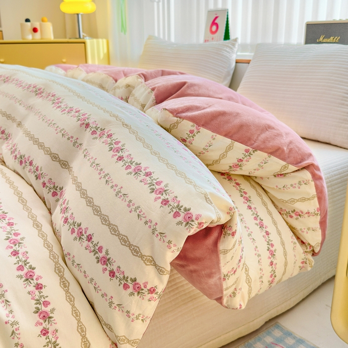 91家纺网 家纺一手货源 找家纺 清雅福 2024新款小清新ins棉加绒印花四件套系列-棉绒风格二 玫瑰物语