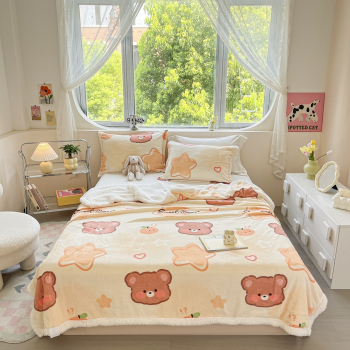 91家纺网 家纺一手货源 找家纺 沐慕 2024新款AB版牛奶绒拼羊羔绒毛毯毯子 毛毯-星星熊