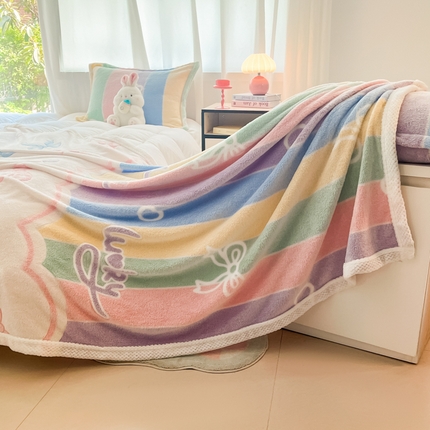 91家纺网 家纺一手货源 找家纺 沐慕 2024新款加厚雪花绒菠萝格宽幅包边毛毯 毛毯-彩虹