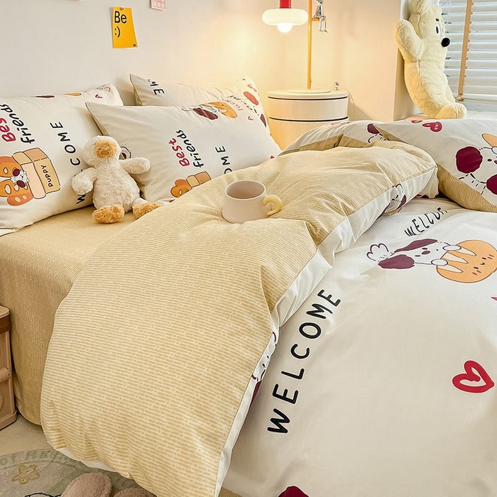 91家纺网 家纺一手货源 找家纺 麦伦家居 2024全棉斜纹13372小清新碎花卡通系列四件套 面包熊