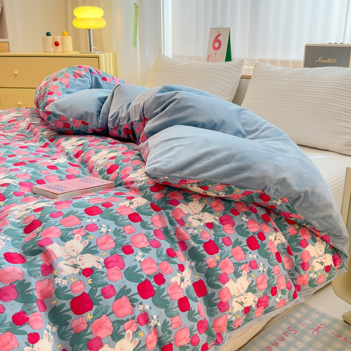 91家纺网 家纺一手货源 找家纺 清雅福 2024新款小清新ins棉加绒印花四件套系列-棉绒风格二 爱情兔