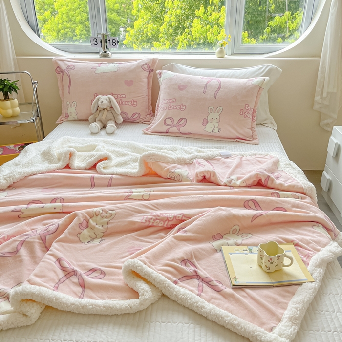 91家纺网 家纺一手货源 找家纺 沐慕 2024新款AB版牛奶绒拼羊羔绒毛毯毯子 毛毯-仙仙兔