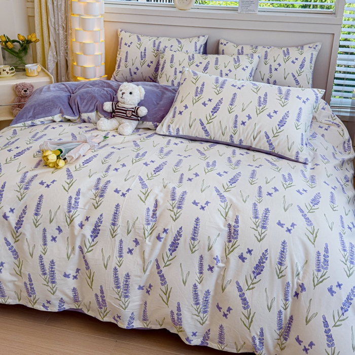 91家纺网 家纺一手货源 找家纺 清雅福 2024新款小清新ins棉加绒印花四件套系列-棉绒风格一 棉绒紫瑶