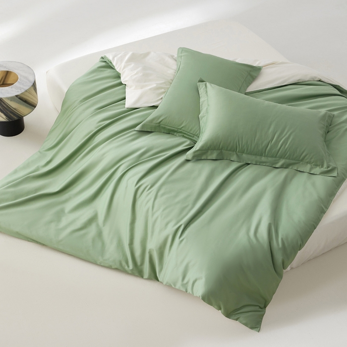 91家纺网 家纺一手货源 找家纺 轩和家居 2024新款简约纯色50s长绒棉贡缎四件套 抹茶绿+奶芋黄