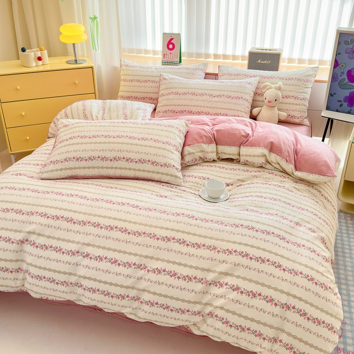 91家纺网 家纺一手货源 找家纺 清雅福 2024新款小清新ins棉加绒印花四件套系列-棉绒风格二 玫瑰物语