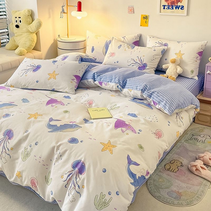 91家纺网 家纺一手货源 找家纺 麦伦家居 2024全棉斜纹13372小清新碎花卡通系列四件套 海底世界