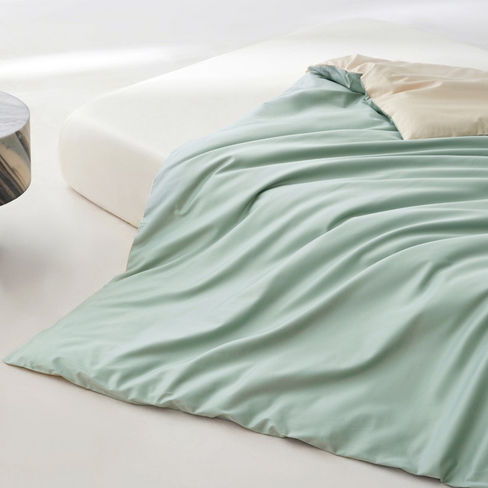 91家纺网 家纺一手货源 找家纺 轩和家居 2024新款简约纯色50s长绒棉贡缎四件套 薄荷绿+浅香槟