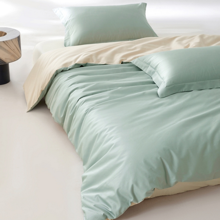 91家纺网 家纺一手货源 找家纺 轩和家居 2024新款简约纯色50s长绒棉贡缎四件套 薄荷绿+浅香槟