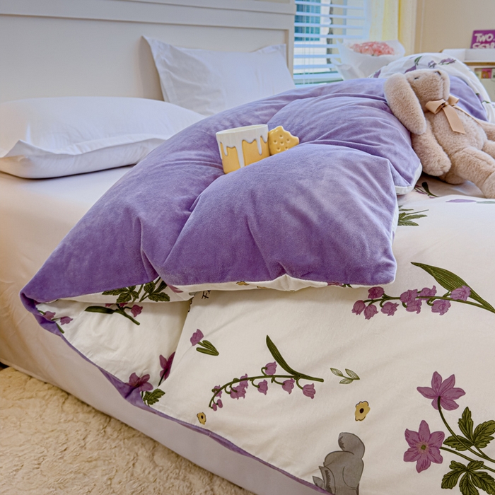 91家纺网 家纺一手货源 找家纺 清雅福 2024新款小清新ins棉加绒印花四件套系列-棉绒风格一 棉绒紫色花铃