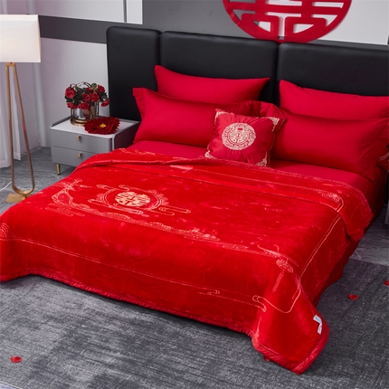 91家纺网 家纺一手货源 找家纺 凯轩毛毛毯毯子网销专供 2024新款新中式大版印花双层云毛毯毯子 云纹喜字