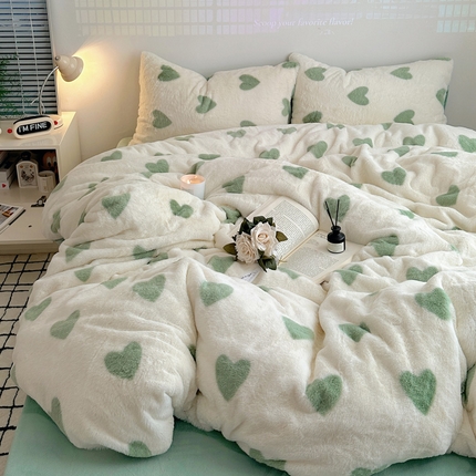 雅居纺家纺 2024新款高克重兔毛印花牛奶绒四件套-爱心 爱心-绿