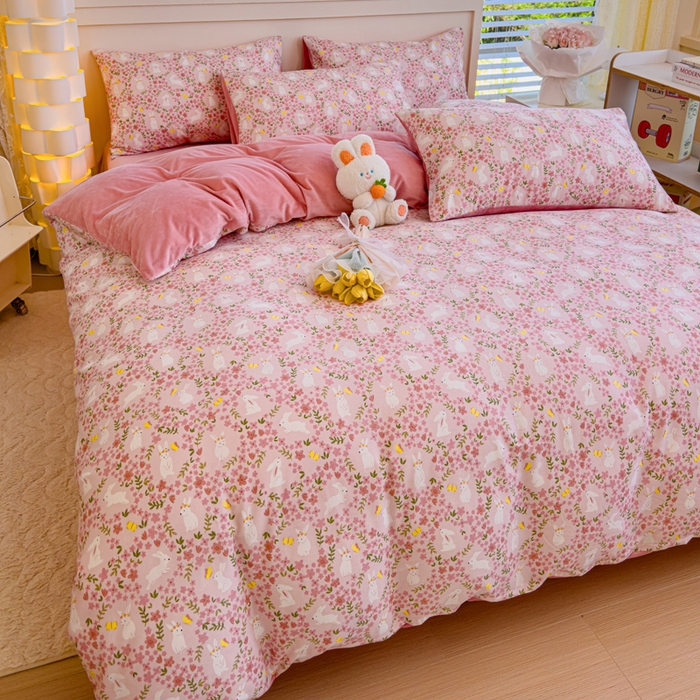 91家纺网 家纺一手货源 找家纺 清雅福 2024新款小清新ins棉加绒印花四件套系列-棉绒风格一 棉绒恋语