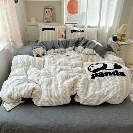 （总）桃子家居 2024新款A类ins纯棉色织水洗棉毛巾绣可爱卡通系列四件套