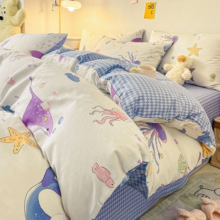 91家纺网 家纺一手货源 找家纺 麦伦家居 2024全棉斜纹13372小清新碎花卡通系列四件套 海底世界