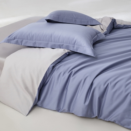 轩和家居 2024新款简约纯色50s长绒棉贡缎四件套 海茵蓝+雅士灰
