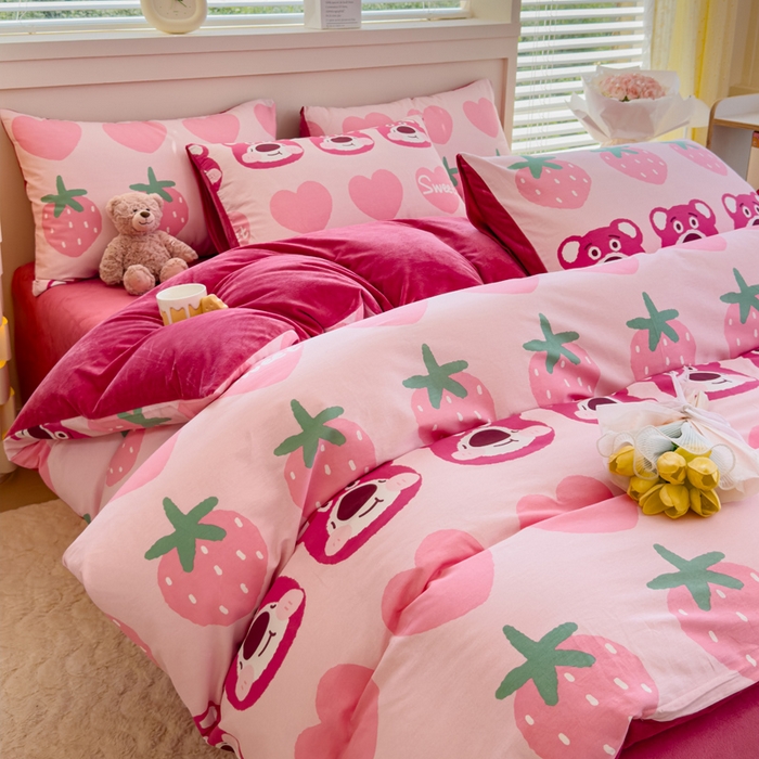 91家纺网 家纺一手货源 找家纺 清雅福 2024新款小清新ins棉加绒印花四件套系列-棉绒风格一 棉绒甜心熊