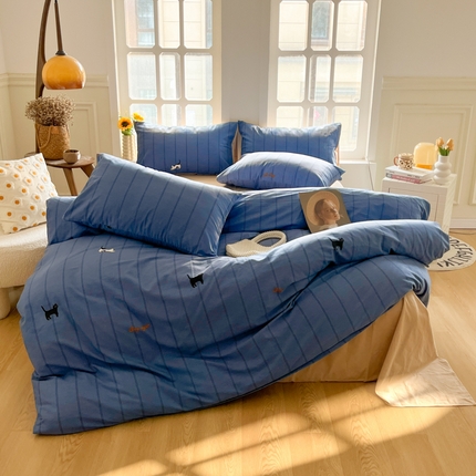 千朵 2024新款全棉磨毛四件套 蓝猫