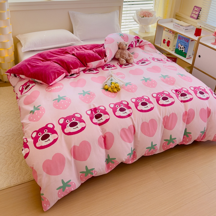 91家纺网 家纺一手货源 找家纺 清雅福 2024新款小清新ins棉加绒印花四件套系列-棉绒风格一 棉绒甜心熊