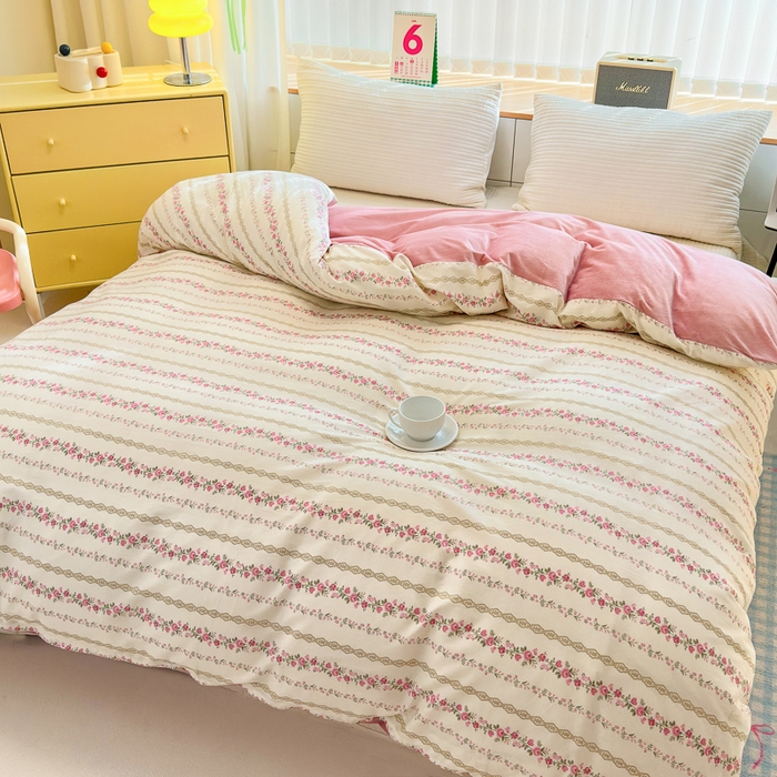 91家纺网 家纺一手货源 找家纺 清雅福 2024新款小清新ins棉加绒印花四件套系列-棉绒风格二 玫瑰物语