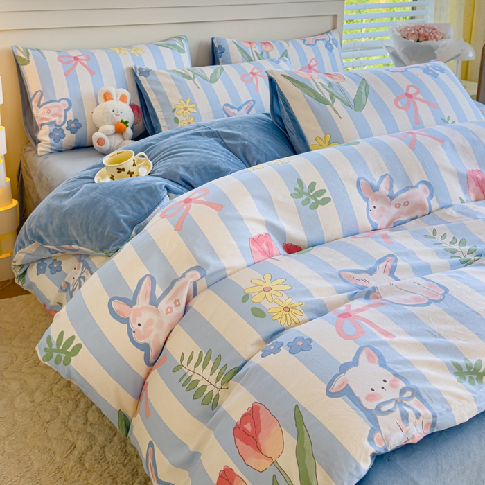 91家纺网 家纺一手货源 找家纺 清雅福 2024新款小清新ins棉加绒印花四件套系列-棉绒风格一 棉绒大白兔