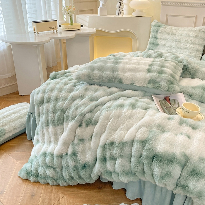 91家纺网 家纺一手货源 找家纺 欧冠家纺 2024秋冬新款纯色泡泡绒和七彩泡泡床裙款四件套 七彩-碧绿