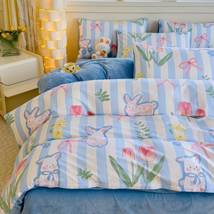 91家纺网 家纺一手货源 找家纺 清雅福 2024新款小清新ins棉加绒印花四件套系列-棉绒风格一 棉绒大白兔