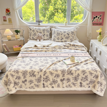 沐慕 2024新款AB版牛奶绒拼羊羔绒毛毯毯子 毛毯-花艺