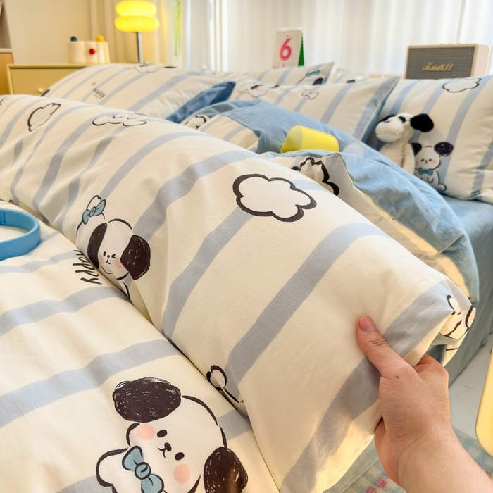 91家纺网 家纺一手货源 找家纺 清雅福 2024新款小清新ins棉加绒印花四件套系列-棉绒风格二 条纹狗狗