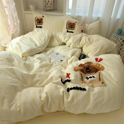 91家纺网 家纺一手货源 找家纺 （总）桃子家居 2024新款A类ins纯棉色织水洗棉毛巾绣可爱卡通系列四件套