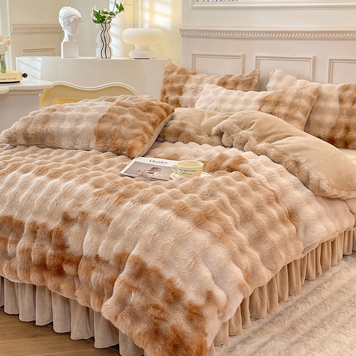 91家纺网 家纺一手货源 找家纺 欧冠家纺 2024秋冬新款纯色泡泡绒和七彩泡泡床裙款四件套 七彩-奶咖色