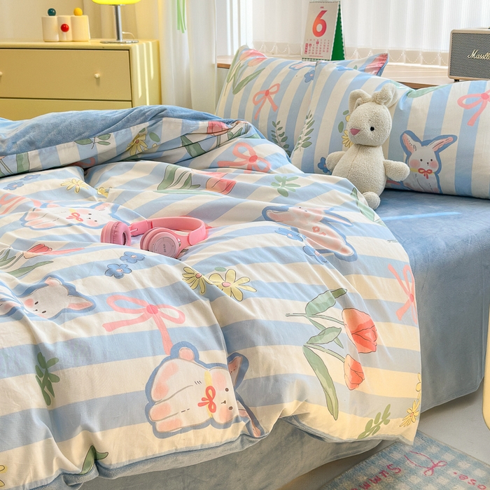 91家纺网 家纺一手货源 找家纺 清雅福 2024新款小清新ins棉加绒印花四件套系列-棉绒风格二 大白兔