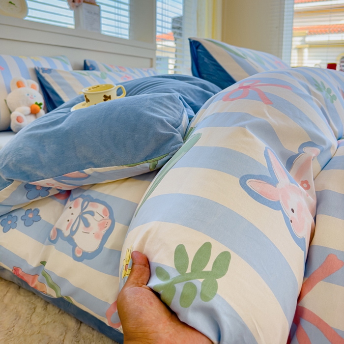 91家纺网 家纺一手货源 找家纺 清雅福 2024新款小清新ins棉加绒印花四件套系列-棉绒风格一 棉绒大白兔