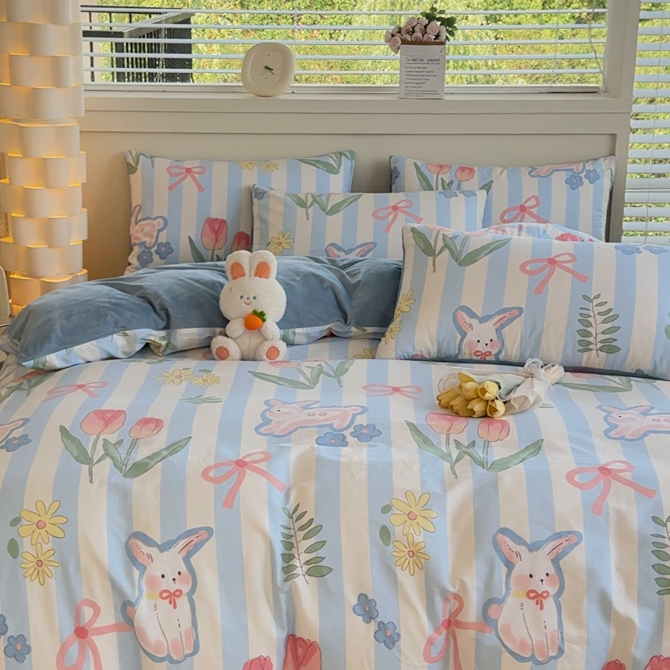 91家纺网 家纺一手货源 找家纺 清雅福 2024新款小清新ins棉加绒印花四件套系列-棉绒风格一 棉绒大白兔