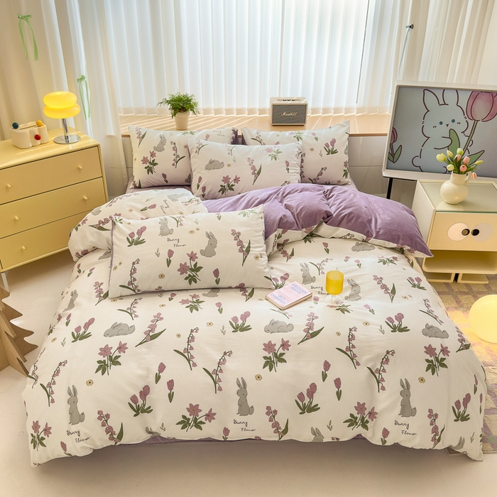 91家纺网 家纺一手货源 找家纺 清雅福 2024新款小清新ins棉加绒印花四件套系列-棉绒风格二 紫色花铃