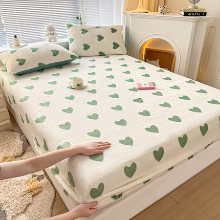 雅居纺家纺 2024新款300克兔毛印花单床笠 单枕套 爱心-绿