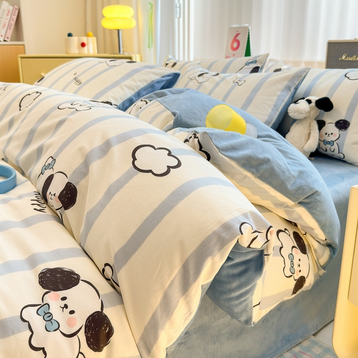 91家纺网 家纺一手货源 找家纺 清雅福 2024新款小清新ins棉加绒印花四件套系列-棉绒风格二 条纹狗狗