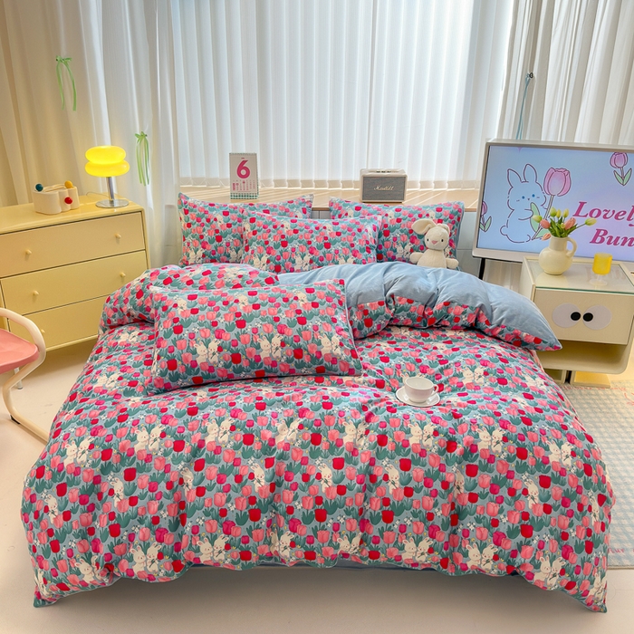 91家纺网 家纺一手货源 找家纺 清雅福 2024新款小清新ins棉加绒印花四件套系列-棉绒风格二 爱情兔