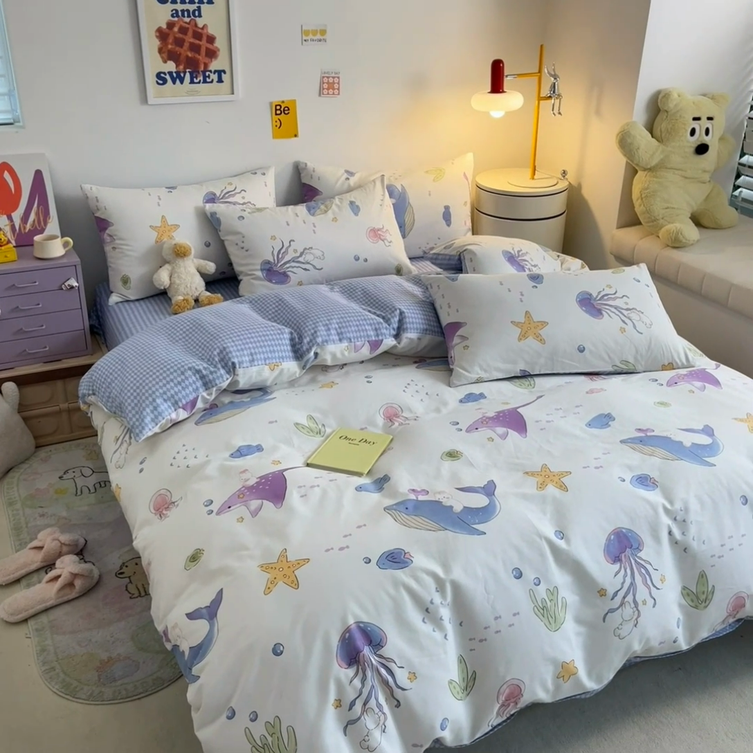 91家纺网 家纺一手货源 找家纺 麦伦家居 2024全棉斜纹13372小清新碎花卡通系列四件套 海底世界