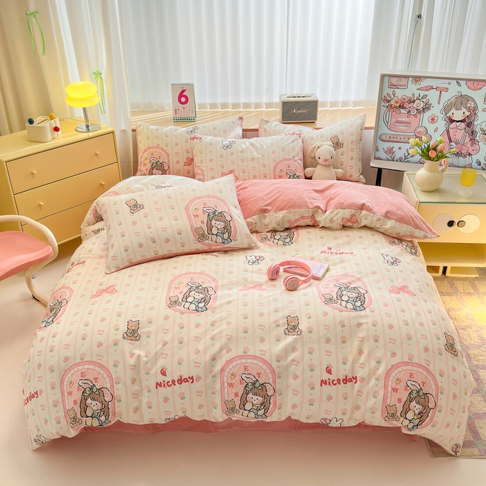 91家纺网 家纺一手货源 找家纺 清雅福 2024新款小清新ins棉加绒印花四件套系列-棉绒风格二 小公主