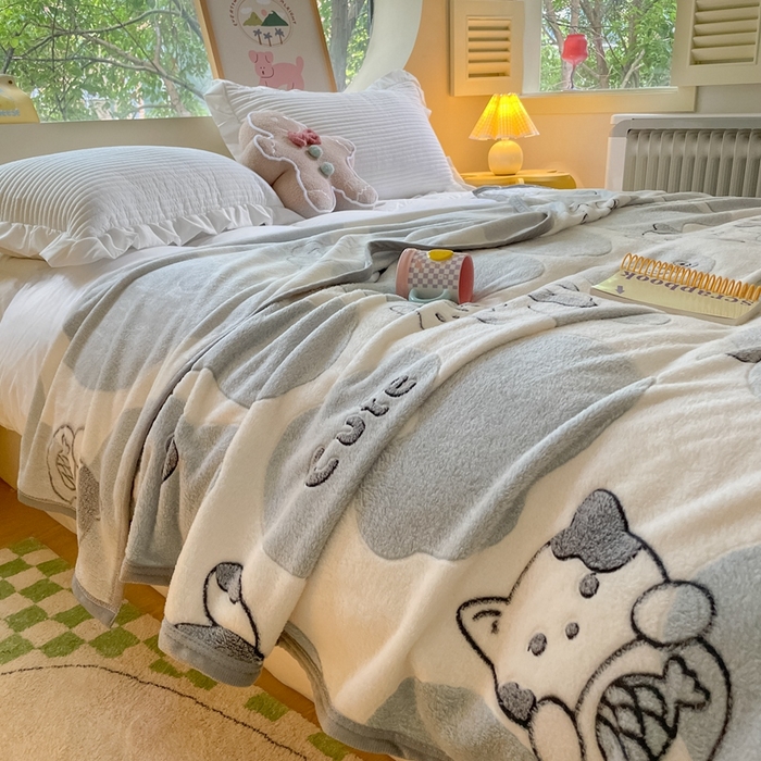 91家纺网 家纺一手货源 找家纺 慕尚家纺 2025新款高克重加厚雪花绒毛毯毯子 可爱猫咪