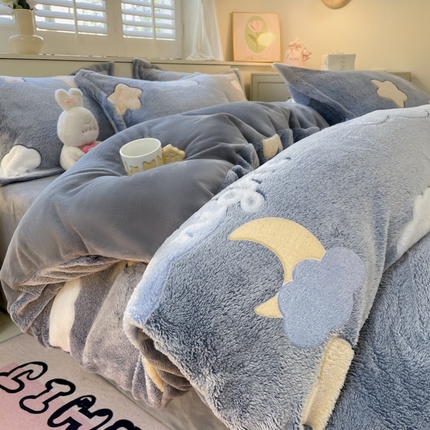 沐慕 2024新款卡通印花雪花绒四件套加厚牛奶绒四件套 星星月亮