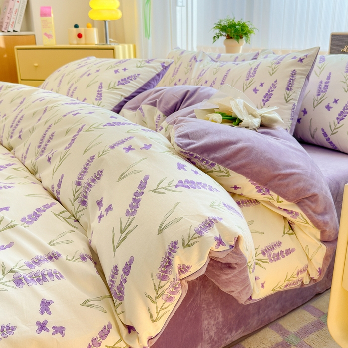 91家纺网 家纺一手货源 找家纺 清雅福 2024新款小清新ins棉加绒印花四件套系列-棉绒风格二 紫瑶