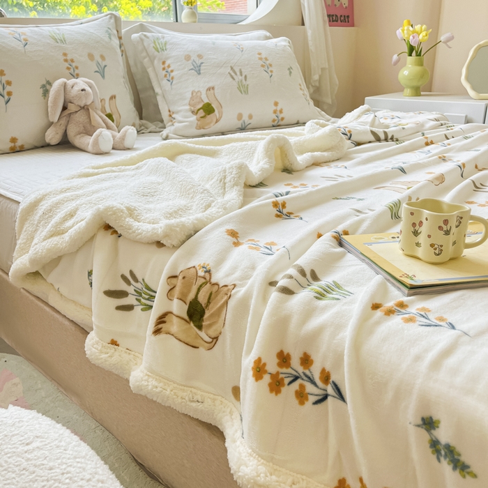 91家纺网 家纺一手货源 找家纺 沐慕 2024新款AB版牛奶绒拼羊羔绒毛毯毯子 毛毯-田园松鼠