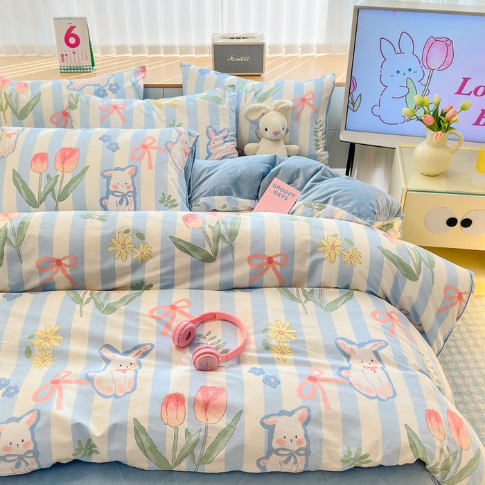 91家纺网 家纺一手货源 找家纺 清雅福 2024新款小清新ins棉加绒印花四件套系列-棉绒风格二 大白兔